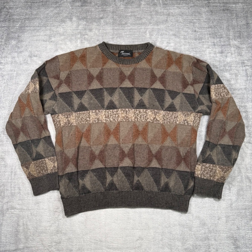 Tosani Sweater Mens Medium Brown Geometric Vintage 90s 3D Knit Grandpa Preppy